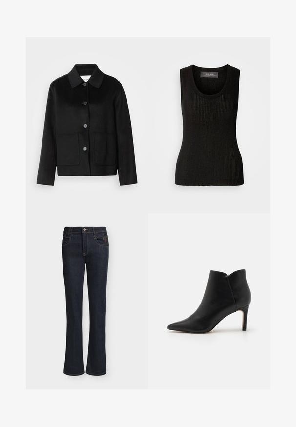 Zwarte wollen jas met een kraag, knoopsluiting en twee voorzakken. Heeft een gestructureerd ontwerp en recht gesneden mouwen.; Mos Mosh RELENA IMANJA TANK - Top - black; Donkerblauwe denim jeans met licht uitlopende pijpen, vooraan knoop- en ritsluiting, voorzakken en zichtbare stikseldetails.; Zwarte leren enkellaarsjes met een puntige neus, taps toelopend ontwerp en een stilettohak, met een unieke geschulpte opening bij de enkel.