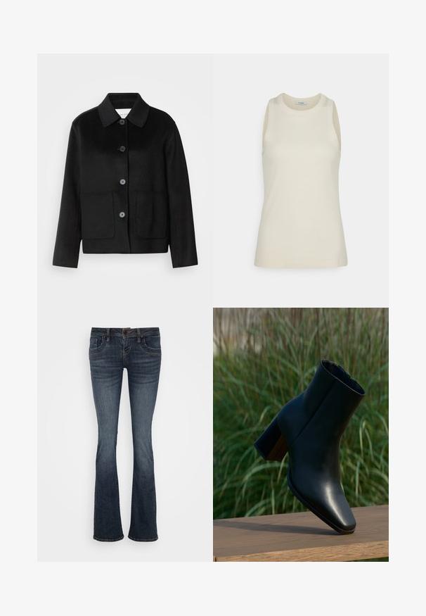 Sort uldjakke med kraveudskæring, knaplukning og to forlommer. Har et struktureret design og ærmer med lige snit.; IVY OAK KLARA ANN - Top - almond milk; Mørkeblå vide jeans med mellemhøj talje, fem lommer og subtile stikningsdetaljer. Fremstillet af denim med en glat tekstur.; Sort læderankelstøvle med spids tå, blokhæl og glat tekstur. Har en tætsiddende skaft og minimalistisk design.
