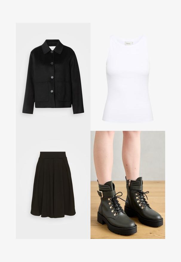 Sort uldjakke med kraveudskæring, knaplukning og to forlommer. Har et struktureret design og ærmer med lige snit.; Hvid ribbet tanktop med rund halsudskæring og uden ærmer. Strækbart stof og tætsiddende design. Etiketten bagpå viser "GESTUZ."; Sort plisseret nederdel med en bred, elastisk talje. Fremstillet af et blødt stof, med en knælang kant og glat tekstur.; Mørkegrønne ankelstøvler i glat læder, med snørebånd, messingfarvede øjer og en sidelukning, samt en kraftig sort skridsikker sål.