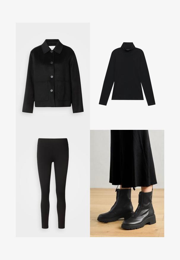 Schwarze Wolljacke mit Kragen, Knopfverschluss und zwei Fronttaschen. Verfügt über ein strukturiertes Design und gerade geschnittene Ärmel.; Schwarzes langärmeliges Rollkragenshirt. Weicher Stoff, enganliegendes Design, hoher Kragen und seitliche Nähte. Schlichter und vielseitiger Stil, der sich gut für das Layering eignet.; Schwarze Leggings aus elastischem Stoff mit nahtlosem Bund, figurbetontem Design und glatter Textur, geeignet für verschiedene Aktivitäten.; Schwarze Lederstiefeletten mit einer dicken Plattformsohle und einem Reißverschluss vorne. Glatte Textur mit einem minimalistischen Design.