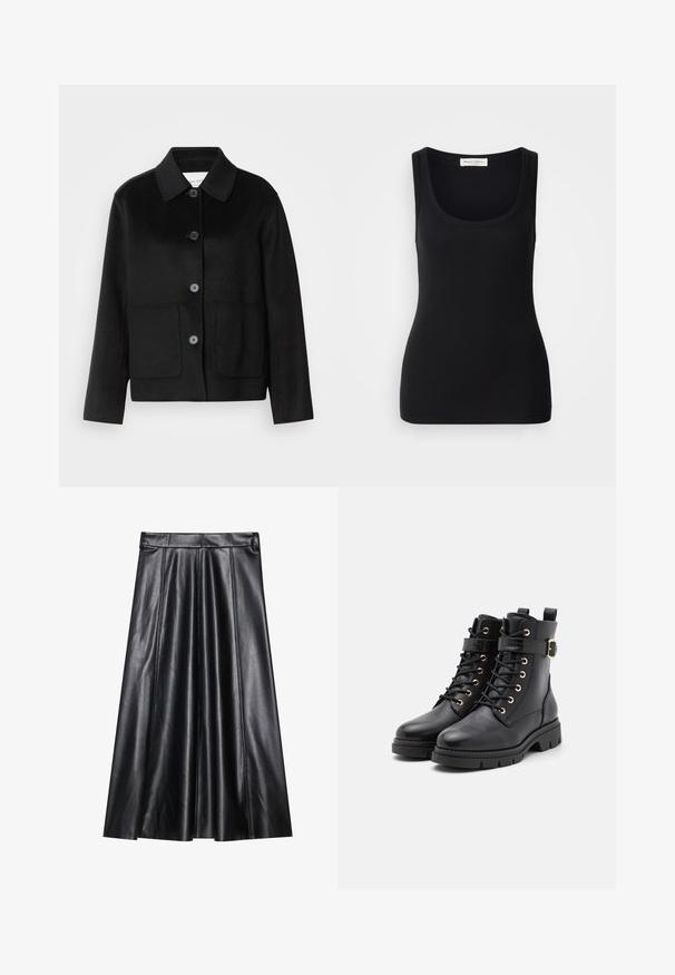 Schwarze Wolljacke mit Kragen, Knopfverschluss und zwei Fronttaschen. Verfügt über ein strukturiertes Design und gerade geschnittene Ärmel.; Schwarzes, geripptes Tanktop mit rundem Ausschnitt, breiten Trägern und figurbetontem Schnitt. Etikett auf der Rückseite mit der Aufschrift "Marc O'Polo".; Schwarzer Leder-A-Linie-Rock mit Falten, der eine glatte Textur, einen figurschmeichelnden Bund und sichtbare Nahtdetails aufweist. Keine zusätzlichen Akzente.; Schwarze Leder-Stiefeletten mit runder Spitze, Schnürdesign, goldenen Ösen, Schnallenakzent und einer klobigen, strukturierten Sohle.