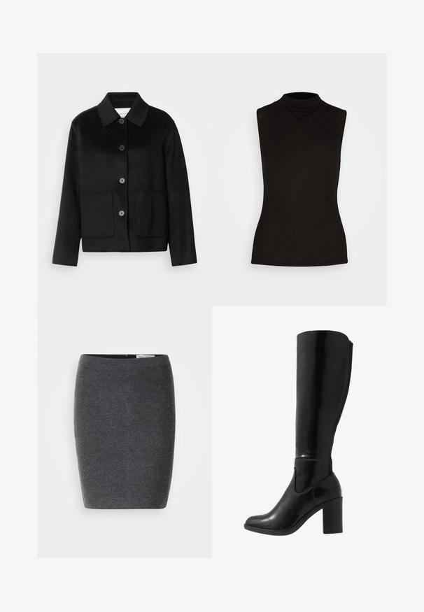 Sort uldjakke med kraveudskæring, knaplukning og to forlommer. Har et struktureret design og ærmer med lige snit.; Sort ærmeløs turtleneck-top i ribbet stof med høj hals og tætsiddende silhuet. Ingen mønstre eller detaljer.; Grå uld blyantskirt med en glat tekstur og tætsiddende design, med en diskret talje og uden synlige udsmykninger.; Knæhøje sorte glansede støvler med hæl, rund tå, glat overflade, detalje med udskæring på siden og en chunky stablet hæl.