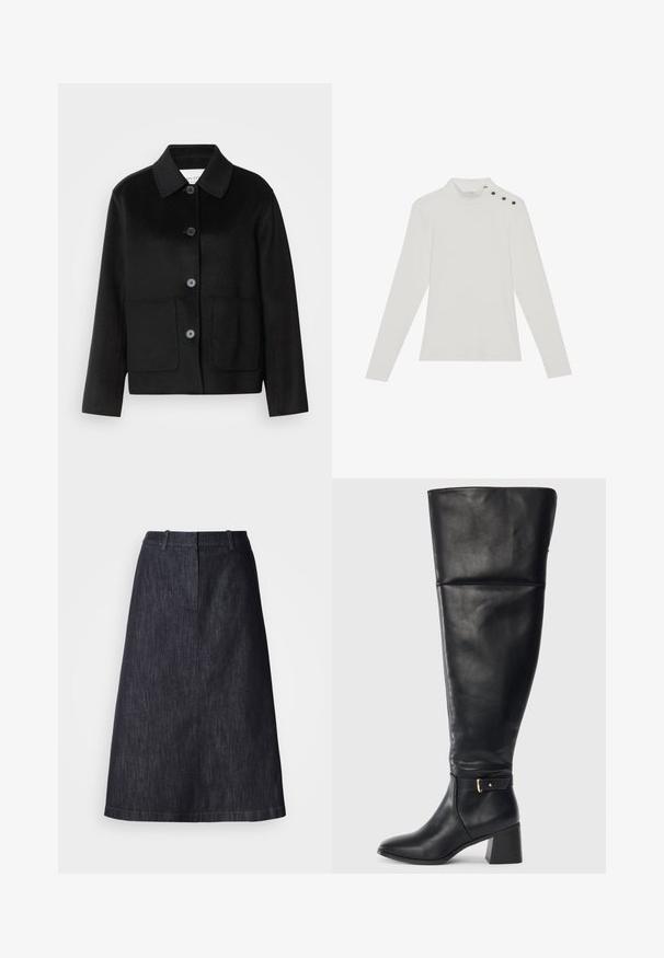 Schwarze Wolljacke mit Kragen, Knopfverschluss und zwei Fronttaschen. Verfügt über ein strukturiertes Design und gerade geschnittene Ärmel.; Weißes Langarmoberteil mit hoher Halslinie, mit drei dekorativen schwarzen Knöpfen an der linken Schulter, aus weichem, dehnbarem Stoff.; Dunkelblaue A-Linien-Rock mit mittellangem Schnitt, der eine glatte Textur und einen schlichten Bund ohne sichtbare Verschlüsse aufweist.; Schwarzer knöchelhoher Lederstiefel mit Blockabsatz und dekorativem Riemen mit goldener Schnalle oberhalb des Knöchels, Seitenansicht auf weißem Hintergrund.