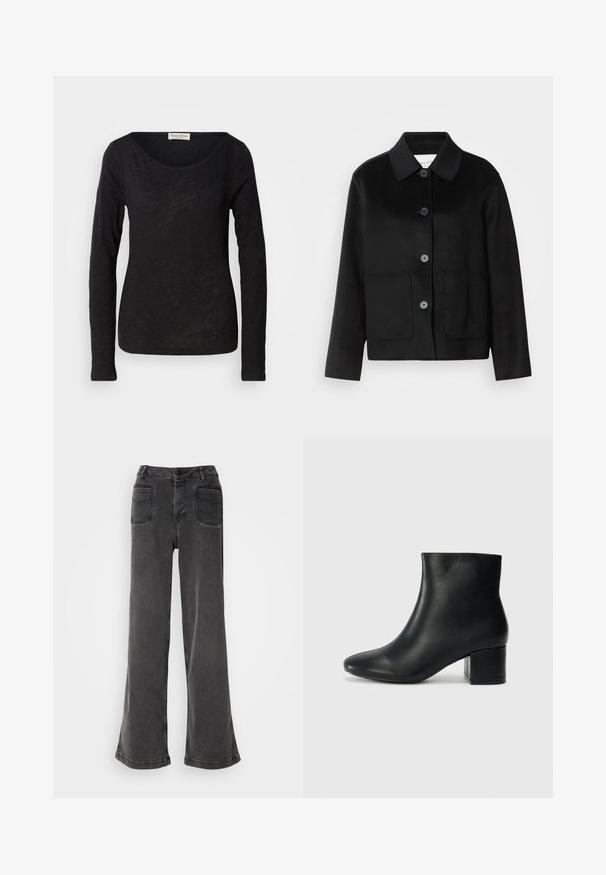 Schwarze Wolljacke mit Kragen, Knopfverschluss und zwei Fronttaschen. Verfügt über ein strukturiertes Design und gerade geschnittene Ärmel.; Schwarzes langärmliges Oberteil aus leichtem, strukturiertem Stoff. Hat einen runden Halsausschnitt und eine figurbetonte Silhouette mit minimalen Details.; Hoch geschnittene, weit geschnittene schwarze Jeans aus Denim, ausgestattet mit einem Knopfverschluss, Gürtelschlaufen und zwei hinteren Taschen mit gestickten Akzenten.; Schwarze Leder-Ankle-Boots mit spitzem Zehenbereich und klobigem Absatz. Glatte Textur mit minimalen Akzenten und einem eleganten, taillierten Design.