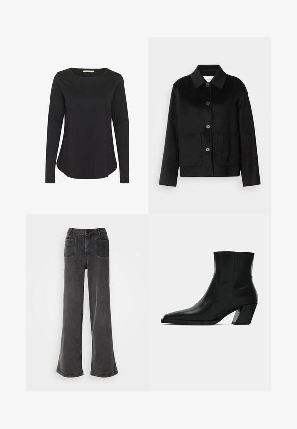 Veste en laine noire avec un col à revers, fermeture par boutons et deux poches avant. Présente une coupe structurée et des manches droites.; Chemise à manches longues noire avec un col rond. Fabriquée en tissu doux et lisse; présente une coupe décontractée et un ourlet arrondi.; Jean noir taille haute à jambes larges en denim, avec une fermeture à bouton, des passants de ceinture et deux poches arrière avec des accents cousus.; Bottine en cuir noir avec un bout pointu, une silhouette élégante et un talon carré massif. Texture lisse avec des détails de couture minimalistes.