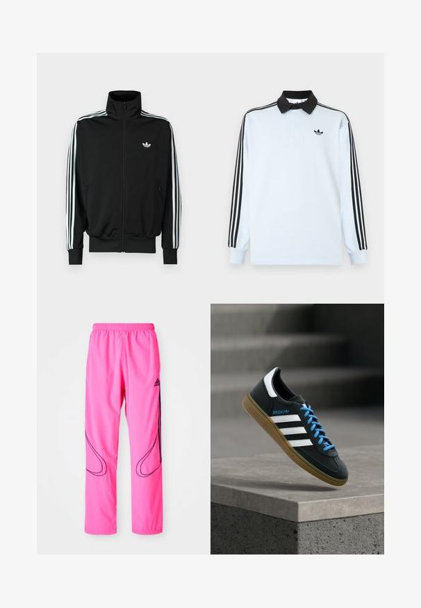 Must zip-up jope kõrge krae, pikad varrukad, millel on kolm valget triipu, ning väike logo rinnal. Sile kangapind.; Hele sinine pikkade varrukatega polo-särk, musta krae, käistel kolm musta triipu ja rinnal väike must logo.; Roosa spordipüksid, millel on elastne vöökoht, küljetaskud ja kontrastsed mustad kõverad mustrid koos Adidas'i logoga.; Must Adidas toss valgete triibu, siniste paelte ja kummist tallaga, hõljuv pehme valgusega halli betoonastme kohal.