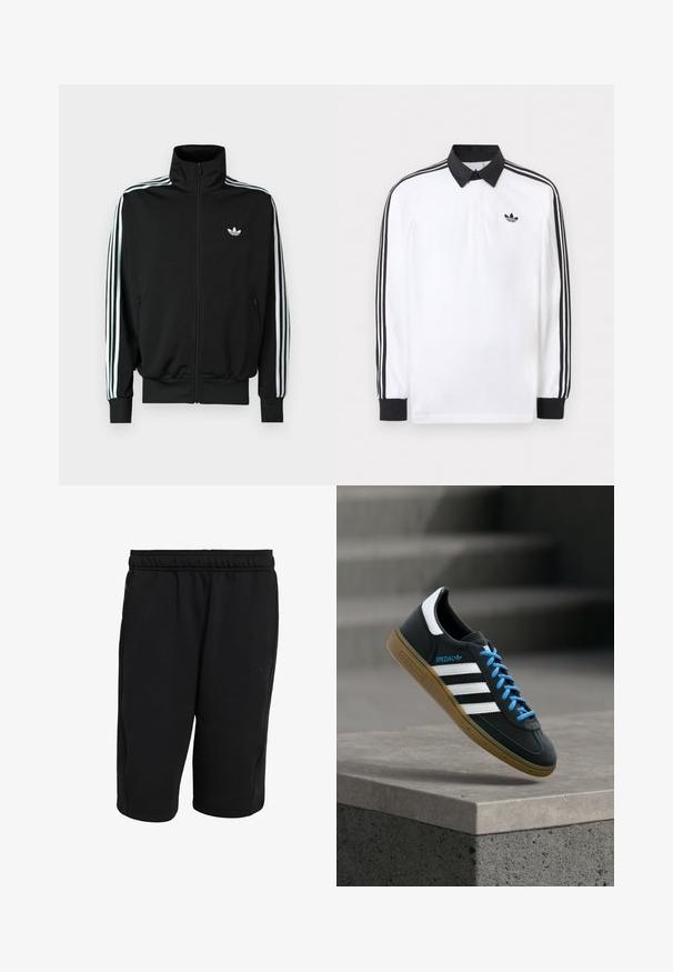 Must zip-up jope kõrge krae, pikad varrukad, millel on kolm valget triipu, ning väike logo rinnal. Sile kangapind.; Valge pika varrukaga polosärk musta krae, mustade mansettide, varruka kolmetriipulise musta mustriga ja musta Adidas logo rinnal.; Mustad sportlühikesed püksid, valmistatud pehmest, elastset kangast. Varustatud elastse vöökohaga, küljetaskute ja tagasihoidliku brändinguga alumisel vasakul jalal.; Must Adidas toss valgete triibu, siniste paelte ja kummist tallaga, hõljuv pehme valgusega halli betoonastme kohal.
