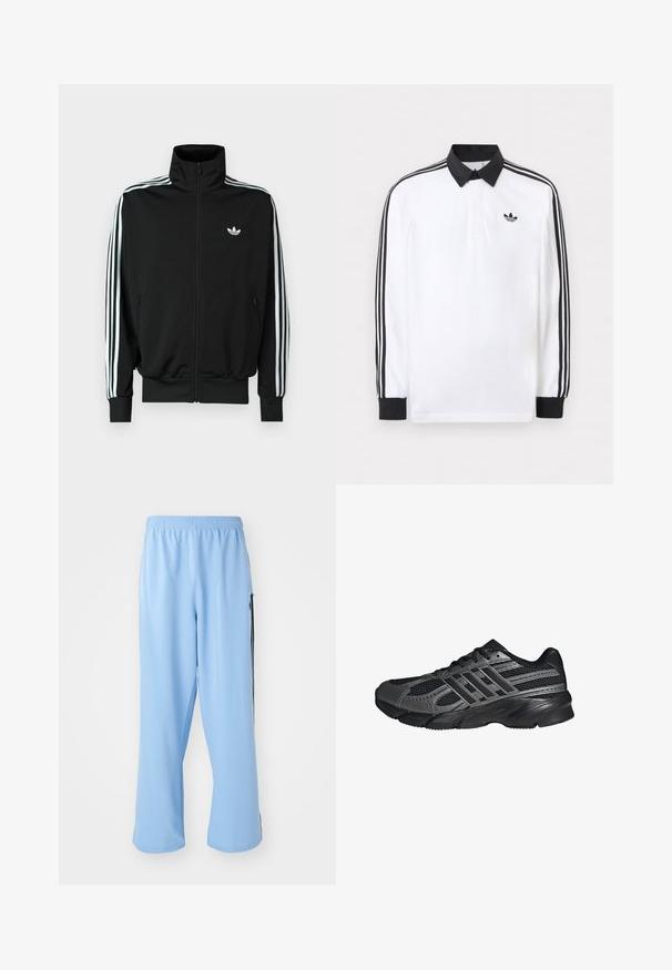Čierna bunda na zips s vysokým golierom, dlhými rukávmi s tromi bielymi pruhmi a malým logom na hrudi. Hladká textúra látky.; Biele polo s dlhým rukávom s čiernym golierom, čiernymi manžetami, čiernym dizajnom troch pruhov na rukávoch a čiernym logom Adidas na hrudi.; Svetlo modré športové nohavice vyrobené z hladkej látky, s elastickým pásom a kontrastnými čiernymi bočnými pruhmi.; Čierne športové topánky vyrobené z pletiva a syntetických materiálov, s textúrovaným povrchom, viacerými šedými pruhmi a polstrovaným golierom.