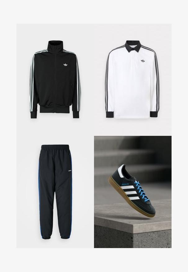 Čierna bunda na zips s vysokým golierom, dlhými rukávmi s tromi bielymi pruhmi a malým logom na hrudi. Hladká textúra látky.; Biele polo s dlhým rukávom s čiernym golierom, čiernymi manžetami, čiernym dizajnom troch pruhov na rukávoch a čiernym logom Adidas na hrudi.; Čierne športové nohavice s elastickým pásom, modrými bočnými pruhmi, vreckami na zips a zúženými manžetami pre tesný strih. Vyrobené z ľahkého materiálu.; Čierna teniska Adidas s bielymi pruhmi, modrými šnúrkami a gumovou podrážkou, ktorá sa vznáša nad sivým betónovým schodom v mäkkom svetle.