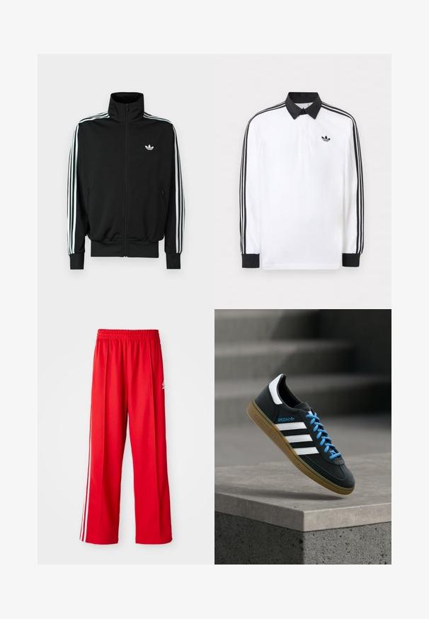 Schwarze Jacke mit Reißverschluss, hohem Kragen, langen Ärmeln mit drei weißen Streifen und einem kleinen Logo auf der Brust. Glatte Stoffstruktur.; Weißes Polo mit langen Ärmeln, schwarzem Kragen, schwarzen Bündchen, schwarzem Drei-Streifen-Design an den Ärmeln und schwarzem Adidas-Logo auf der Brust.; Rote Sporthose aus leichtem Material, mit einem elastischen Bund, zwei weißen Seitenstreifen und einem kleinen Logo auf der Hüfte.; Schwarzer Adidas-Sneaker mit weißen Streifen, blauen Schnürsenkeln und Gummisohle, der über einer grauen Betontreppe im weichen Licht schwebt.
