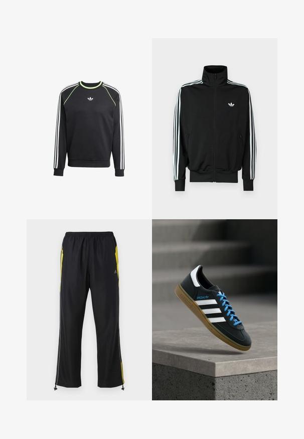 Must zip-up jope kõrge krae, pikad varrukad, millel on kolm valget triipu, ning väike logo rinnal. Sile kangapind.; Must mustriga must ja valgete kolme triibu disainiga varrukatel ja laimiroheline aktsent. Omab ümmargust kaelust ja väikest logo rinnas.; Must have treeningpüksid musta värvi, kollaste külgmiste aktsentidega, elastse vöökoht ja lukuga külje taskutega. Valmistatud kergest, siledast kangast.; Must Adidas toss valgete triibu, siniste paelte ja kummist tallaga, hõljuv pehme valgusega halli betoonastme kohal.