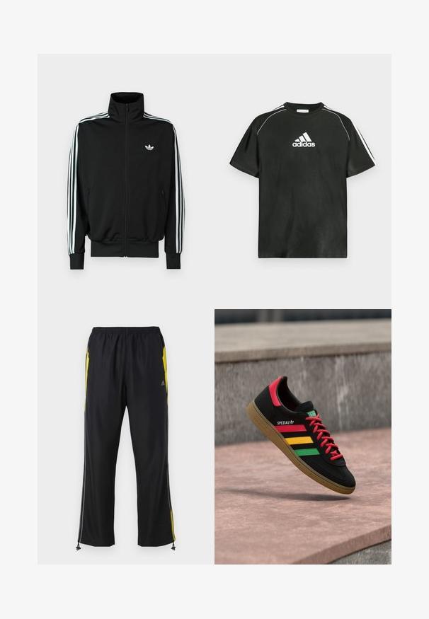 Sort lynlåstrøje med høj krave, lange ærmer med tre hvide striber og et lille logo på brystet. Glat stoftekstur.; Sort T-shirt med korte ærmer, hvide Adidas-logo på brystet og hvide striber på skuldrene. Fremstillet af glat stof, afslappet pasform.; Sorte træningsbukser med gule sideaccenter, elastisk talje og lynlåslommer på siden. Fremstillet af let og glat stof.; Sort Adidas Spezial-sneaker med røde, gule og grønne striber, røde snørebånd, gummisål og rødt hældetalje, vist svævende over fortovet.