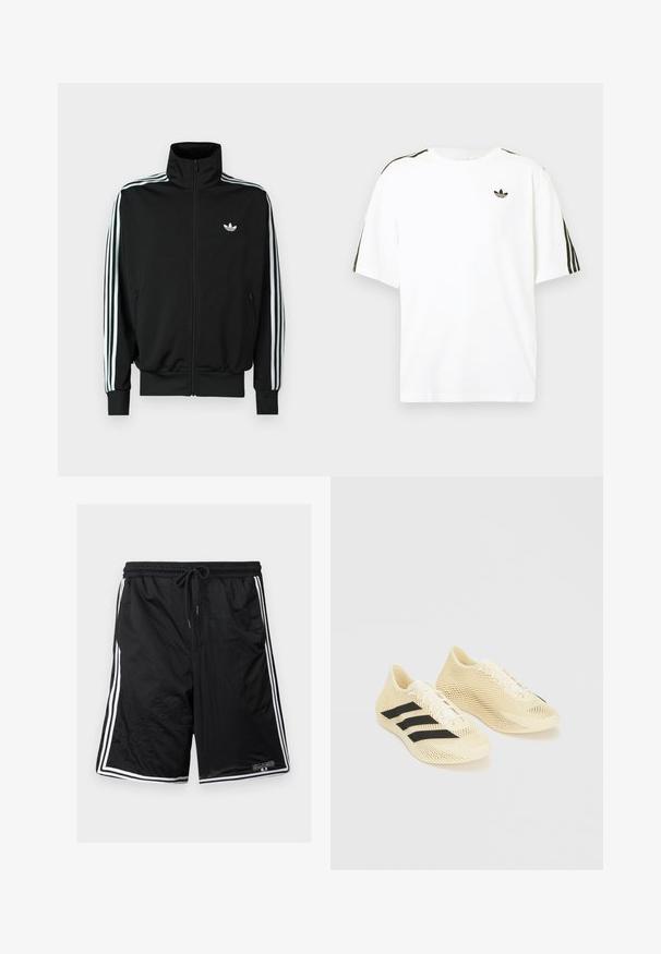 Veste noire à fermeture éclair avec un col montant, des manches longues ornées de trois bandes blanches, et un petit logo sur la poitrine. Texture du tissu lisse.; T-shirt en coton blanc à manches courtes, avec des accents noirs à trois rayures sur les épaules et un petit logo noir sur la poitrine.; Shorts de sport en mesh noir avec des bandes blanches sur les côtés, taille à cordon et petit logo "Billabong" sur la partie inférieure de la jambe gauche.; Chaussures de sport beige clair avec des bandes noires, fermeture à lacets et design texturé en forme de vagues sur fond blanc.