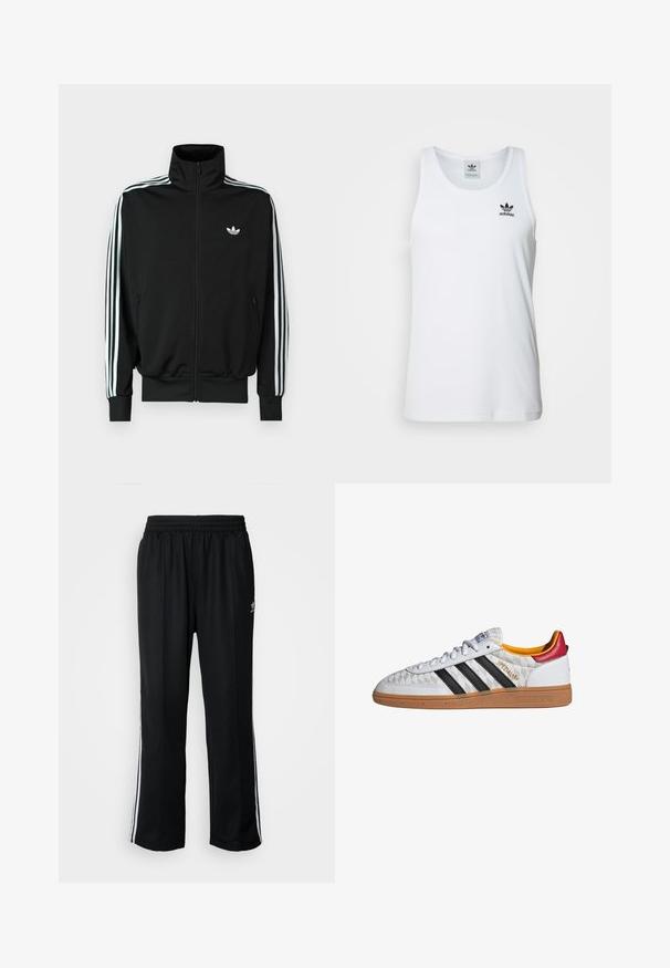 Zwarte jas met ritssluiting, hoge kraag, lange mouwen met drie witte strepen en een klein logo op de borst. Gladde stoftextuur.; Witte geribde tanktop met ronde hals, zwarte Adidas-logo op de linkerborst en zonder mouwen. Zachte katoenen stof, casual pasvorm.; Zwarte sportbroeken met een elastische tailleband, voorzien van witte zijkanten en een klein logo. Het materiaal lijkt zacht en lichtgewicht te zijn.; Witte Adidas Spezial sneaker met zwarte strepen, gumzool, doorgestikt patroon, rood hielstuk en gele voering, zijaanzicht.