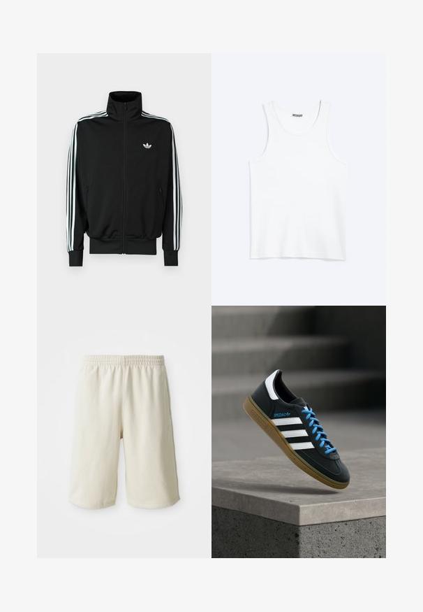Sort lynlåstrøje med høj krave, lange ærmer med tre hvide striber og et lille logo på brystet. Glat stoftekstur.; Hvid ærmeløs tanktop med rund halsudskæring og Weekday-mærke på den indvendige baghals, vist fladt på lys baggrund.; Lys beige træningsshorts med elastisk talje, glat tekstur og diskret logo-detalje på venstre side forneden. Ingen lommer.; Sort Adidas sneaker med hvide striber, blå snørebånd og gummisål, der svæver over gråt betontrin i blødt lys.