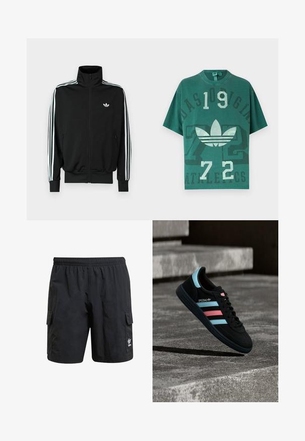 Chaqueta negra con cremallera, cuello alto, mangas largas con tres rayas blancas y un pequeño logo en el pecho. Textura de tela suave.; Camiseta verde de gran tamaño con el logo de Adidas, grandes números "109" y "72", y texto desvanecido "Adidas Originals Athletics" en el frente.; Pantalones cortos de carga negros con cintura elástica, dos bolsillos laterales y un logo en la parte inferior de la pierna. Hechos de una tela ligera con una textura suave.; Zapatilla negra Adidas Spezial con rayas azules y rosas, flotando sobre una superficie de hormigón gris texturizada con sombra debajo.