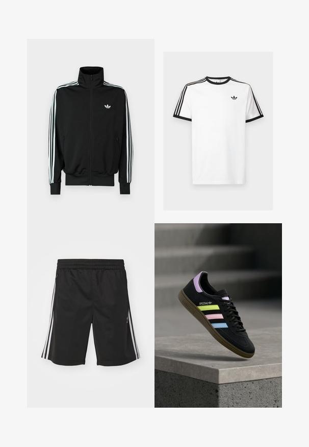 Zwarte jas met ritssluiting, hoge kraag, lange mouwen met drie witte strepen en een klein logo op de borst. Gladde stoftextuur.; Witte katoenen t-shirt met zwart geribde halslijn en mouwen, met drie zwarte strepen op elke schouder en een klein logo op de borst.; Zwarte sportieve shorts met een elastische tailleband, voorzien van witte zijstrepen en een gladde stofstructuur. Geen extra versieringen.; Zwarte Adidas Spezial sneaker met pastelgele, roze en blauwe strepen, lavendelkleurig hielhaakje en bruine zool, zwevend boven een betonnen richel.