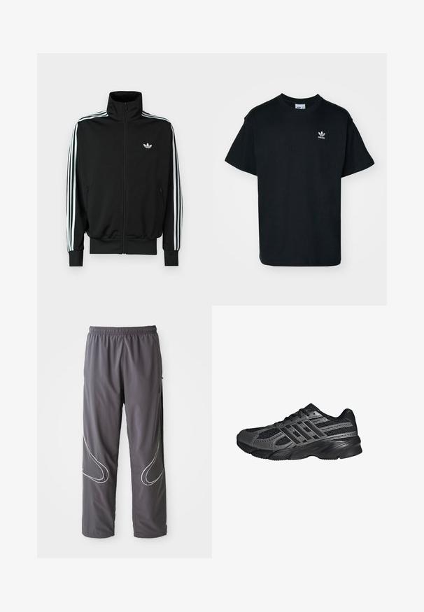 Chaqueta negra con cremallera, cuello alto, mangas largas con tres rayas blancas y un pequeño logo en el pecho. Textura de tela suave.; Camiseta de algodón negra con cuello redondo y mangas cortas, que presenta un pequeño logo blanco de Adidas en la zona izquierda del pecho.; Pantalones deportivos grises para hombre con cintura elástica, bolsillos con cremallera y acentos reflectantes blancos en los laterales. Textura ligera y suave.; Zapatillas deportivas negras hechas de malla y materiales sintéticos, que presentan una superficie texturizada, múltiples rayas grises y un collar acolchado.