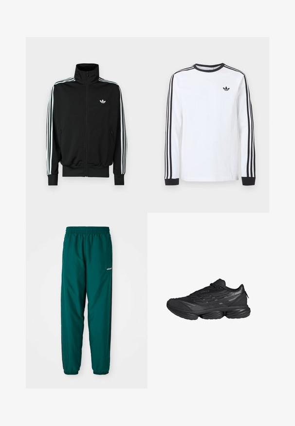 Schwarze Jacke mit Reißverschluss, hohem Kragen, langen Ärmeln mit drei weißen Streifen und einem kleinen Logo auf der Brust. Glatte Stoffstruktur.; Weißes Adidas-Langarmshirt mit schwarzem Rundhalsausschnitt, schwarzen Bündchen, drei schwarzen Streifen an den Ärmeln und schwarzem Trefoil-Logo auf der Brust.; Grüne Sporthosen aus leichtem Material, mit einem elastischen Bund, Seitentaschen und schwarzen Seitenstreifen. Adidas-Logo sichtbar.; Schwarzer Sportschuh mit dicker segmentierter Sohle, strukturiertem Obermaterial und Schnürverschluss, seitlich vor weißem Hintergrund gezeigt.