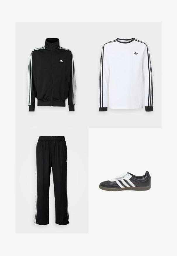Veste noire à fermeture éclair avec un col montant, des manches longues ornées de trois bandes blanches, et un petit logo sur la poitrine. Texture du tissu lisse.; Chemise blanche Adidas à manches longues avec col rond noir, poignets noirs, trois bandes noires le long des manches et logo trèfle noir sur la poitrine.; Pantalons de sport noirs avec une taille élastique, ornés de rayures blanches sur les côtés et d'un petit logo. Le matériau semble doux et léger.; adidas Originals SAMBA LT - Baskets basses - core black footwear white gum