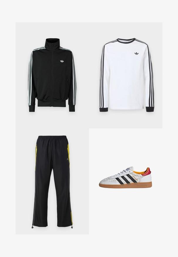 Zwarte jas met ritssluiting, hoge kraag, lange mouwen met drie witte strepen en een klein logo op de borst. Gladde stoftextuur.; Wit Adidas shirt met lange mouwen, zwarte ronde hals, zwarte boordjes, drie zwarte strepen langs de mouwen en een zwart trefoil-logo op de borst.; Zwarte sportbroek met gele zijkanten, elastische tailleband en met rits te sluiten zijzakken. Gemaakt van lichtgewicht, gladde stof.; Witte Adidas Spezial sneaker met zwarte strepen, gumzool, doorgestikt patroon, rood hielstuk en gele voering, zijaanzicht.