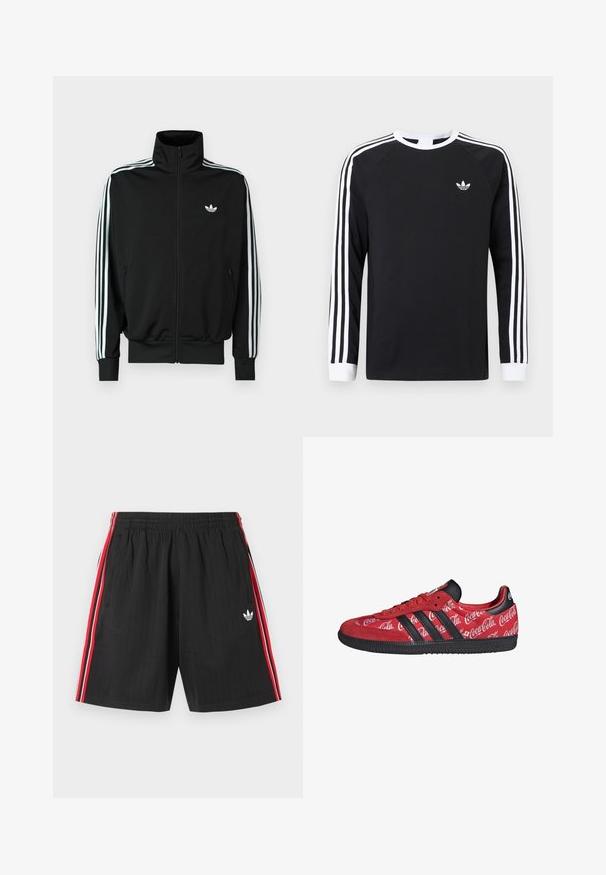 Sort lynlåstrøje med høj krave, lange ærmer med tre hvide striber og et lille logo på brystet. Glat stoftekstur.; Sort langærmet T-shirt med hvidt trestribet design på ærmerne. Har rund halsudskæring og et lille hvidt logo på brystet.; Sorte atletikshorts med elastisk talje, røde og hvide sidestreger, to sidelommer og hvid Adidas trebladet logo på venstre ben.; Rød Adidas sneaker med sorte striber og sål, med hvide Coca-Cola logoer over hele den stof øverste del.