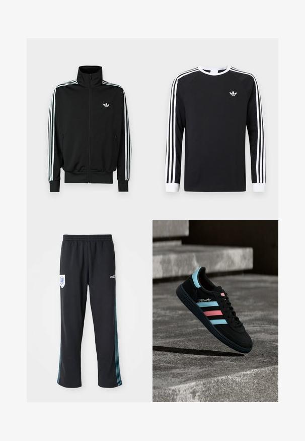 Must zip-up jope kõrge krae, pikad varrukad, millel on kolm valget triipu, ning väike logo rinnal. Sile kangapind.; Must pika varrukaga T-särk, millel on valged kolme triibu mustrilised varrukad. Omab ümara kaelusega lõiget ja väikest valget logot rinnal.; Mustad mustekad kokkuvõtlikud spordipüksid elastse vöökohtkega, millel on sinised triibud külgedel ja logo vasakul esiküljel.; Must Adidas Spezial toss siniste ja roosade triipudega, hõljumas tekstuurse halli betoonpinna kohal, all varjuga.
