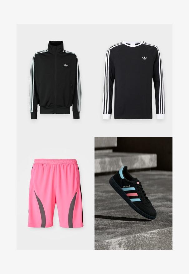 Must zip-up jope kõrge krae, pikad varrukad, millel on kolm valget triipu, ning väike logo rinnal. Sile kangapind.; Must pika varrukaga T-särk, millel on valged kolme triibu mustrilised varrukad. Omab ümara kaelusega lõiget ja väikest valget logot rinnal.; Erksiroosa spordilähedase lühikesed püksid elastse vöökohtaga. Omab halli külgmisi aktsente ja sujuvat, kerget kangast.; Must Adidas Spezial toss siniste ja roosade triipudega, hõljumas tekstuurse halli betoonpinna kohal, all varjuga.