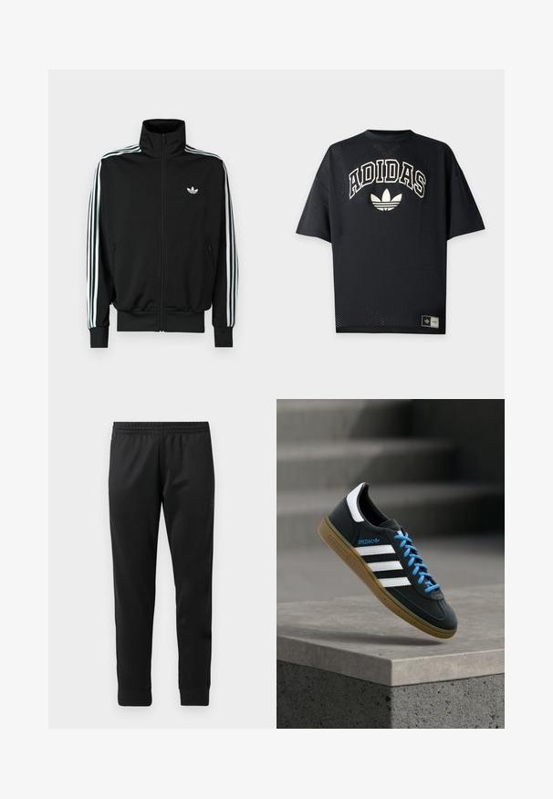 Must zip-up jope kõrge krae, pikad varrukad, millel on kolm valget triipu, ning väike logo rinnal. Sile kangapind.; Must Adidas lühikeste varrukatega spordisärk perforatsiooniga kangaga, valge Adidas tekst ja kolmelehelise logo eestpoolt ning kaubamärgiga silt ääre lähedal.; Mustad mustad spordipüksid, mis on valmistatud siledast kangast, elastse vöökohtaga, kitsenevate jalgadega ja ribaga pahkluude juures.; Must Adidas toss valgete triibu, siniste paelte ja kummist tallaga, hõljuv pehme valgusega halli betoonastme kohal.