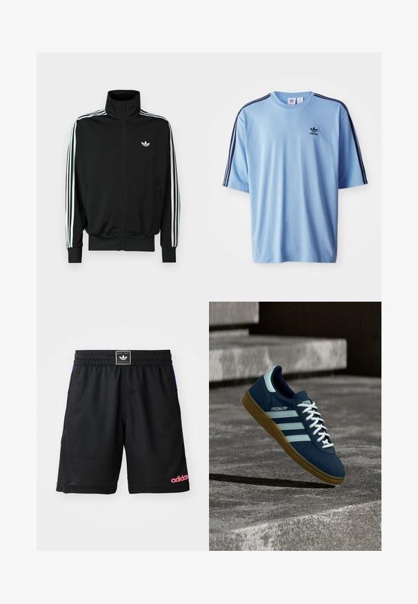Schwarze Jacke mit Reißverschluss, hohem Kragen, langen Ärmeln mit drei weißen Streifen und einem kleinen Logo auf der Brust. Glatte Stoffstruktur.; Helles blaues Adidas-T-Shirt aus Baumwolle mit Rundhalsausschnitt, kurzen Ärmeln und drei schwarzen Streifen an den Schultern.; Schwarze Sportshorts aus strukturiertem, atmungsaktivem Material. Mit einem elastischen Bund und einem pinken "adidas"-Logo auf der unteren rechten Seite.; Blauer Adidas Spezial Sneaker mit weißen Streifen und Schnürsenkeln, Gummisohle, schwebend über rauer Betonoberfläche und Treppen im Hintergrund.