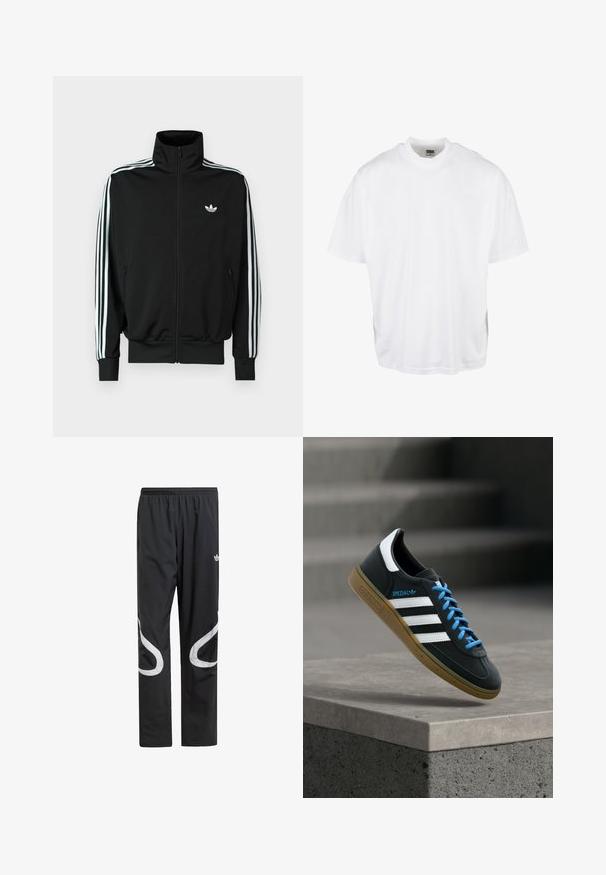 Sort lynlåstrøje med høj krave, lange ærmer med tre hvide striber og et lille logo på brystet. Glat stoftekstur.; Hvid bomulds T-shirt med en afslappet pasform, korte ærmer og rund halsudskæring, med en lige kant og ingen synlige grafikker eller mønstre.; Sorte træningsbukser med elastisk talje, der har store hvide buede detaljer på siderne og et lille logo på den øverste lår.; Sort Adidas sneaker med hvide striber, blå snørebånd og gummisål, der svæver over gråt betontrin i blødt lys.