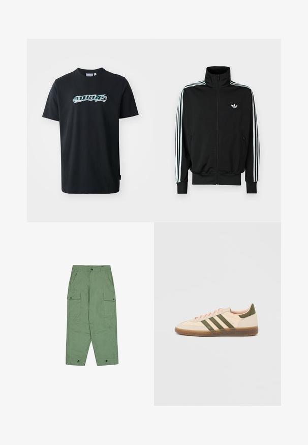 Must zip-up jope kõrge krae, pikad varrukad, millel on kolm valget triipu, ning väike logo rinnal. Sile kangapind.; Mustad puuvillane T-särk lühikeste varrukatega, millel on esiküljel läikiv, mitmevärviline "ADIDAS" logo. Klassikaline ümmargune kaelus.; Rohelised cargo-püksid, mis on lõdva lõikega, kahe suurte külgtaskuga ja reguleeritavate pahkluu elastsete äärtega. Valmistatud tekstuurilisest puuvillaste kangast.; Madalprofiilne beež Adidas Spezial toss rohelist värvi triipude, kummist tallaga ja "SPEZIAL" brändinguga küljel, nähtav välisküljelt.
