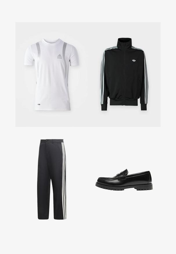 Schwarze Jacke mit Reißverschluss, hohem Kragen, langen Ärmeln mit drei weißen Streifen und einem kleinen Logo auf der Brust. Glatte Stoffstruktur.; Weißes athletic Shirt mit kurzen Ärmeln und silbernen Akzenten, runder Ausschnitt und einem Adidas-Logo auf der Brust. Hergestellt aus feuchtigkeitsableitendem Stoff.; Schwarze Hosen mit geradem Bein und drei weißen vertikalen Streifen an der Außenseite jedes Beins.; Schwarzer Leder-Slipper mit dicker Gummisohle und klassischem Penny-Detail an der Riemen, von der Außenseite gezeigt.