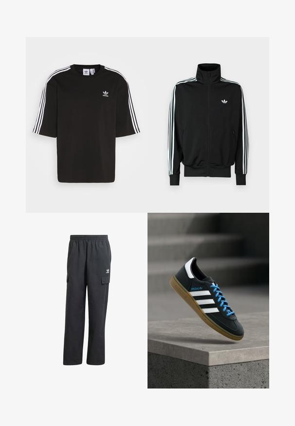 Zwarte jas met ritssluiting, hoge kraag, lange mouwen met drie witte strepen en een klein logo op de borst. Gladde stoftextuur.; Zwarte T-shirt met korte mouwen, gemaakt van katoen, met witte drie-strepen accenten op de schouders en een geborduurd Adidas-logo op de borst.; Zwarte cargobroek met een elastische tailleband, twee zijzakken en een subtiel logo op de linker dij. Gemaakt van een lichtgewicht stof.; Zwarte Adidas-sneaker met witte strepen, blauwe veters en een gumzool die boven een grijze betonnen trede zweeft in zacht licht.