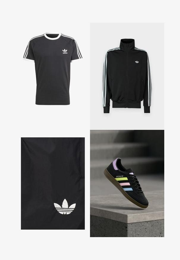 Must zip-up jope kõrge krae, pikad varrukad, millel on kolm valget triipu, ning väike logo rinnal. Sile kangapind.; Must mustaga mustaga valge krae ja varrukat trimmitud, millel on iga õla peal kolm valget horisontaalset triipu ja väike valge Adidas'i logo.; Must riie musta Adidas trefoil-logo valge tikandiga alumise parempoolse nurga lähedal.; Must Adidas Spezial toss sinised, roosad ja kollased pastelltriipud, lavendlivärvilise kannaosaga ja pruun tallaga, hõljumas betoonserva kohal.