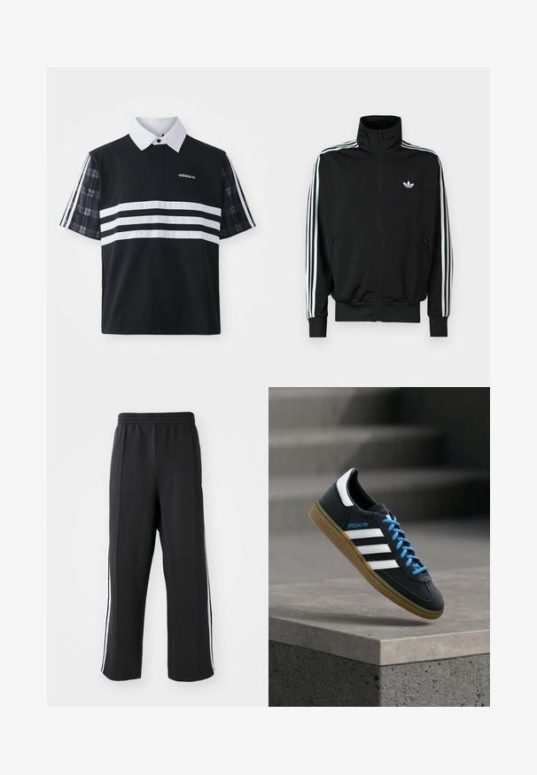 Chaqueta negra con cremallera, cuello alto, mangas largas con tres rayas blancas y un pequeño logo en el pecho. Textura de tela suave.; Camisa polo negra con rayas blancas y un logotipo; cuenta con mangas cortas de cuadros y un cuello blanco con una hilera de botones.; Pantalones de chándal negros con cintura elástica, con franjas laterales blancas y un corte relajado. Hechos de una tela suave y elástica.; Zapatilla negra Adidas con franjas blancas, cordones azules y suela de goma flotando sobre un escalón de hormigón gris con luz suave.