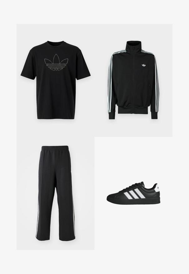 Sort lynlåstrøje med høj krave, lange ærmer med tre hvide striber og et lille logo på brystet. Glat stoftekstur.; Sort bomuld T-shirt med et stort, omridset Adidas-logo i reflekterende materiale med vandrette linjer på forsiden. Korte ærmer.; Sorte sweatpants med elastisk talje, der har hvide sidelister og en afslappet pasform. Lavet af blødt, strækbart stof.; Sort Adidas-sneaker med hvide striber, sort sål, snørredesign og hvid hælflig med Adidas-logo, vist i sideprofil.