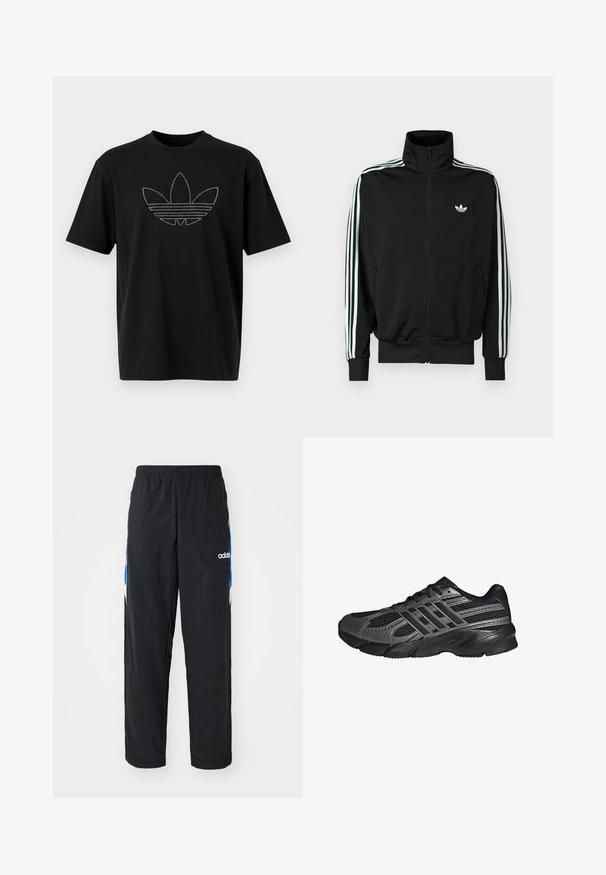 Schwarze Jacke mit Reißverschluss, hohem Kragen, langen Ärmeln mit drei weißen Streifen und einem kleinen Logo auf der Brust. Glatte Stoffstruktur.; Schwarzes Baumwoll-T-Shirt mit einem großen, umrissenen Adidas-Logo aus reflektierendem Material auf der Vorderseite. Mit kurzen Ärmeln.; Schwarze Sporthose mit elastischem Bund, ausgestattet mit blauen und weißen grafischen Akzenten an den Seiten und einem gestickten Logo.; Schwarze Sportschuhe aus Netz- und synthetischem Material, mit einer strukturierten Oberfläche, mehreren grauen Streifen und einem gepolsterten Schaft.
