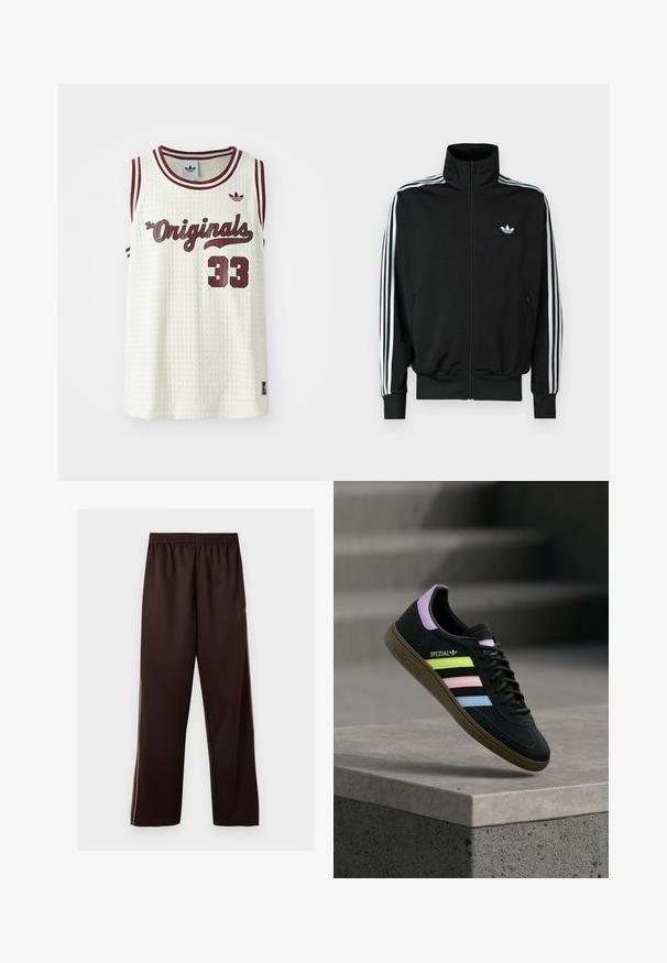 Must zip-up jope kõrge krae, pikad varrukad, millel on kolm valget triipu, ning väike logo rinnal. Sile kangapind.; Valge võrkkangas sansleeve jersey maroon aktsentidega, tekstiga "The Originals", number 33 ja väike logo vasakul rinnal.; Tumedat pruunid laiade säärtega püksid, millel on elastne vöökoht ja õrnad heleda pruuni tooniga küljeribad, esitatud ühevärvilisel valgel taustal.; Must Adidas Spezial toss sinised, roosad ja kollased pastelltriipud, lavendlivärvilise kannaosaga ja pruun tallaga, hõljumas betoonserva kohal.