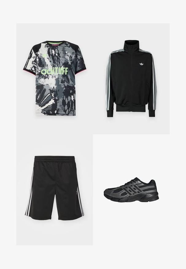 Sort lynlåstrøje med høj krave, lange ærmer med tre hvide striber og et lille logo på brystet. Glat stoftekstur.; Kortærmet sports T-shirt med rund hals i sort, hvid og grå abstrakt print; har neongrøn "adiTUFF" logo og lyserøde accenter.; Sorte sportsshorts med elastisk talje, med hvide sidestriber og en glat stofstruktur. Ingen yderligere dekorationer.; Sorte træningssko lavet af mesh og syntetiske materialer, med en tekstureret overflade, flere grå striber og en polstret krave.