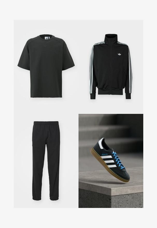 Sort lynlåstrøje med høj krave, lange ærmer med tre hvide striber og et lille logo på brystet. Glat stoftekstur.; Sort kortærmet t-shirt lavet af glat stof. Har en rund halsudskæring, præget logo på brystet og mesh-detaljer på ærmerne.; Sorte letvægts joggerbukser med elastisk talje, tætsiddende ben, samlede manchetter og sidelommer for øget funktionalitet.; Sort Adidas sneaker med hvide striber, blå snørebånd og gummisål, der svæver over gråt betontrin i blødt lys.