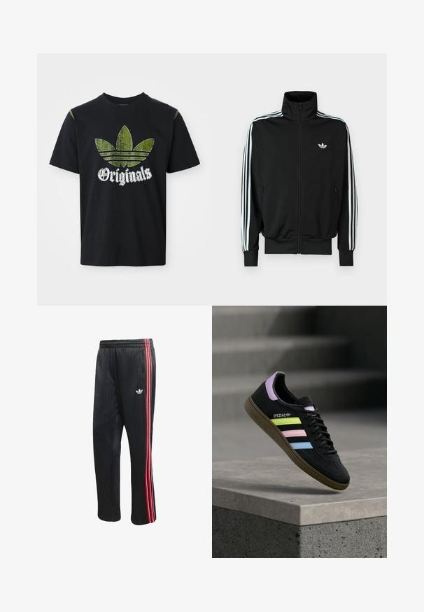 Chaqueta negra con cremallera, cuello alto, mangas largas con tres rayas blancas y un pequeño logo en el pecho. Textura de tela suave.; Camiseta de algodón negra con un gráfico verde desgastado que presenta tres rayas y la palabra "Originales" debajo en blanco, cuello redondo, mangas cortas.; Pantalones deportivos negros con textura acanalada vertical, con franjas laterales en rojo y blanco y un pequeño logotipo blanco en la pierna izquierda.; Zapatilla Adidas Spezial negra con rayas en amarillo pastel, rosa y azul, lengüeta trasera lavanda y suela marrón, flotando sobre un bordillo de cemento.