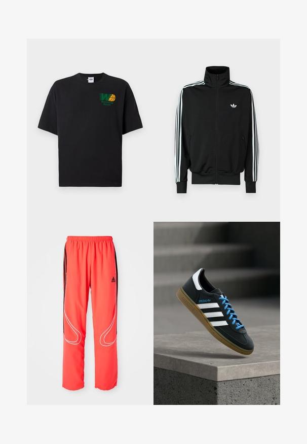 Must zip-up jope kõrge krae, pikad varrukad, millel on kolm valget triipu, ning väike logo rinnal. Sile kangapind.; Must beerekate musta t-särk lühikeste varrukatega. Esiplaanil on roheline ja kollane "Worldwide Hoops" graafika. Lõdvas lõikes, ümara kaelusega.; Punased spordipüksid, laia lõikega, elastse vöökohtadega, mustade külgtriipudega ja valgete ääristega jalgadel. Adidas logo puusakul.; Must Adidas toss valgete triibu, siniste paelte ja kummist tallaga, hõljuv pehme valgusega halli betoonastme kohal.