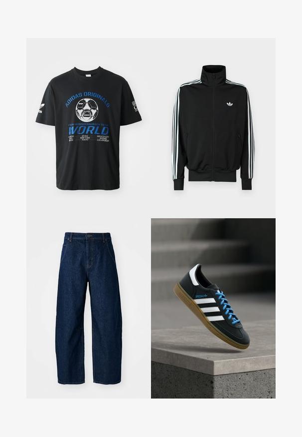 Musta vetoketjullinen takki, jossa on korkea kaulus, pitkät hihat kolmeen valkoiseen raitaan ja pieni logo rinnassa. Sileä kangaspinta.; Musta puuvillapaita, jossa on sininen "ADIDAS ORIGINALS" -teksti ja jalkapallografiikka, sekä kaupunkien nimiä valkoisena printattuna alla. Lyhyet hihat.; Vaatteet tummat farkut, joissa on korkea vyötärö, viisi taskua, etunappi ja näkyvät ompeluyksityiskohdat.; Musta Adidas-tennari valkoisilla raidoilla, sinisillä nauhoilla ja kumipohjalla kelluu pehmeässä valossa harmaan betonisen portaan yllä.