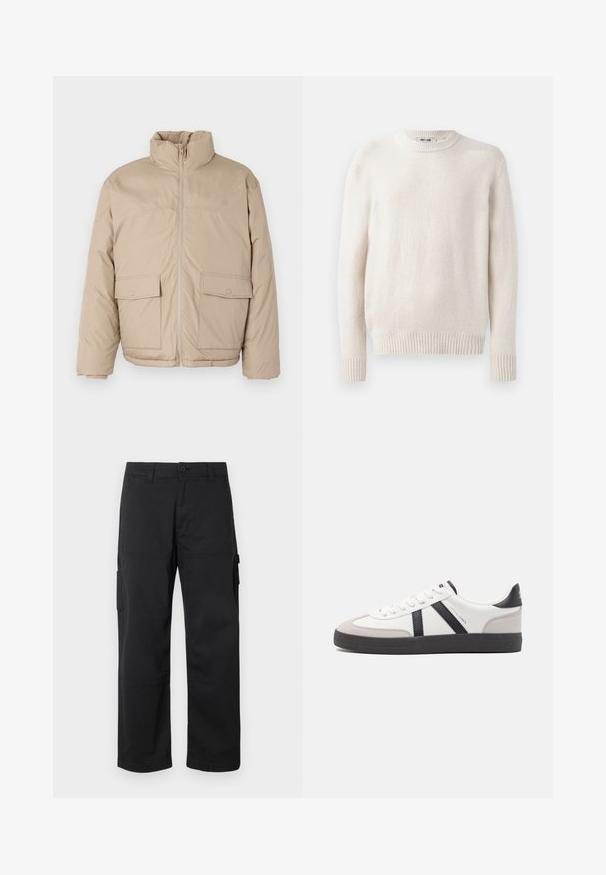 Beige gepolsterte Jacke mit hohem Kragen, Frontreißverschluss und zwei großen Klappen-Taschen. Glatte Textur und leicht oversized Design.; Hellbeige Pullover mit Rundhalsausschnitt und gerippten Bündchen. Weicher, texturierter Stoff mit langen Ärmeln und geradem Saum. Minimalistisches Design.; Schwarze Cargo-Hosen mit geradem Bein, mehreren Seitentaschen und einem Knopfverschluss. Hergestellt aus strapazierfähigem, leichtem Stoff.; Weiße Sneaker mit schwarz- und grau-aczenten, ausgestattet mit einer strukturierten grauen Zehenkappe, schwarzer Gummi-Sohle und flachen weißen Schnürsenkeln. Sauberes Design, minimalistische Stil.