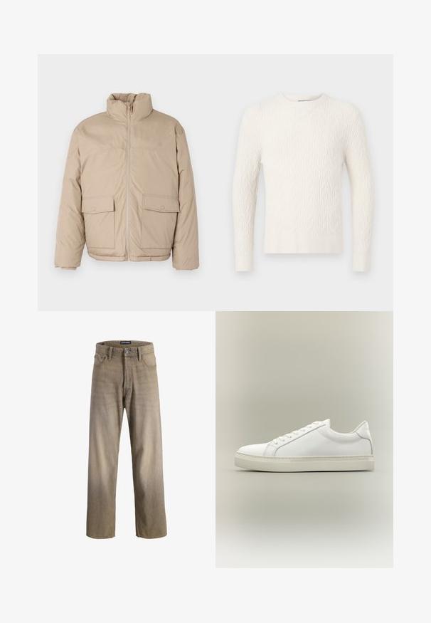 Beige gepolsterte Jacke mit hohem Kragen, Frontreißverschluss und zwei großen Klappen-Taschen. Glatte Textur und leicht oversized Design.; Cremiger Kabelstrickpullover mit langen Ärmeln, Rundhalsausschnitt und geripptem Saum. Verfügt über ein strukturiertes Muster im gesamten Stoff.; Hellbraune Jeans aus Denim mit geradem Beinschnitt, ausgestattet mit fünf Taschen und einem Knopfverschluss. Verwaschene Textur mit subtilen Farbverlaufseffekten.; Weißer Sneaker mit niedrigem Schaft, vorn mit Schnürung und dicker Sohle, aus der Seitenansicht vor neutralem Hintergrund.