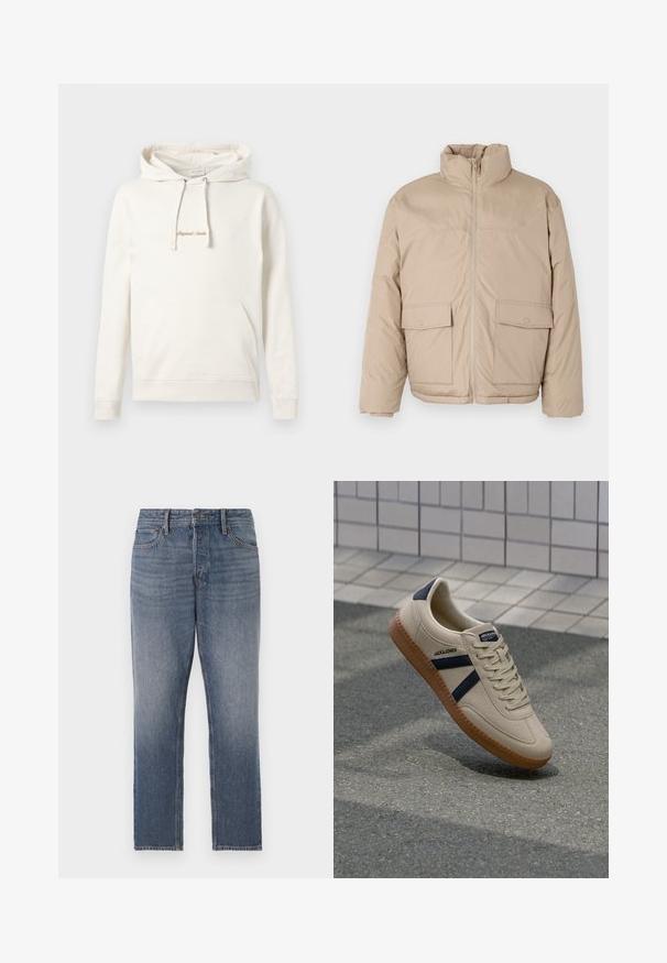 Beige επενδυμένο σακάκι με ψηλό γιακά, μπροστινό φερμουάρ και δύο μεγάλες θήκες με καπάκι. Λείο υλικό και ελαφρώς υπερμεγέθης σχεδίαση.; Μπεζ φούτερ από βαμβάκι, διαθέτει τσέπη καγκουρό, κουκούλα με κορδόνι και κεντημένο κείμενο "Originals" στο στήθος.; Σκούρες μπλε τζιν παντελόνες, ίσιες γραμμές, με ξεθωριασμένο φινίρισμα, πέντε τσέπες και χάλκινες λεπτομέρειες. Καθαρή, κλασική εμφάνιση.; Μπεζ αθλητικά παπούτσια με υφή, ναυτικά ρίγες και καουτσούκ σόλα. Διαθέτουν επενδεδυμένη γλώσσα και παραδοσιακό σύστημα δεσίματος για σφιχτή εφαρμογή.