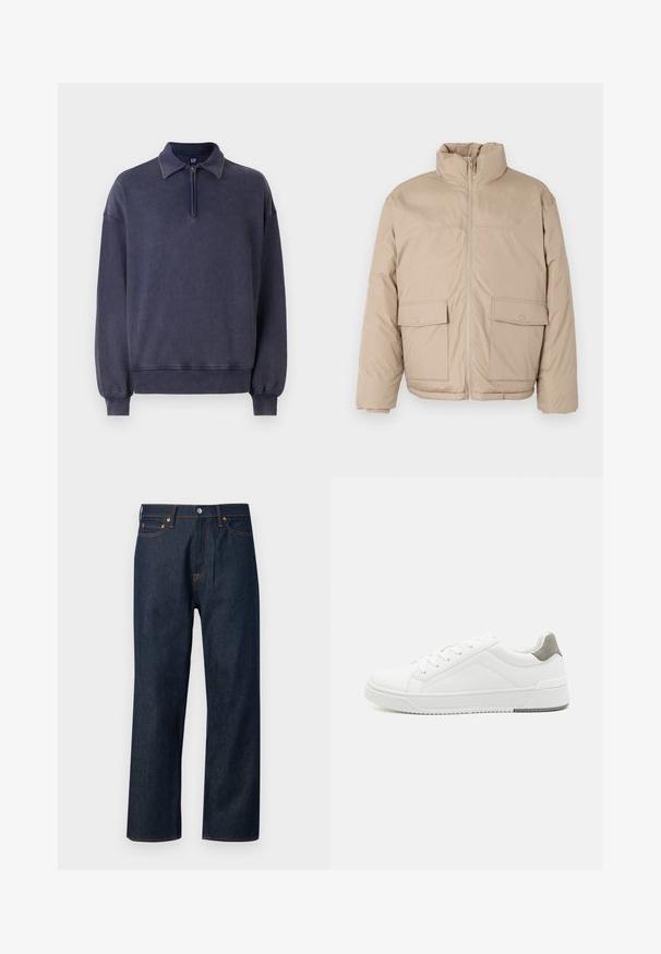 Beige gewatteerde jas met een hoge kraag, doorlopende rits en twee grote klepzakken. Soepele textuur en een licht oversized ontwerp.; Navyblauwe sweatshirt met een halve rits kraag, relaxte pasvorm en ribgebreide manchetten. Gemaakt van zacht materiaal met een gestructureerde afwerking.; Abercrombie & Fitch BAGGY RAW - Baggy jeans - blue denim; Witte sneaker van glad leer met een ronde neus, minimalistisch ontwerp, grijze hielaccent en een geplaatste rubberen zool.