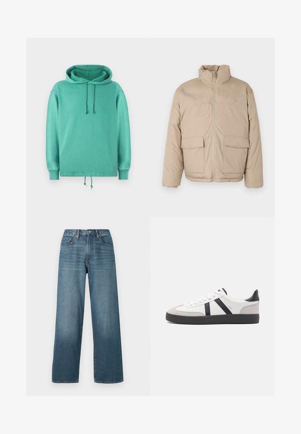 Beige polstret jakke med høj krave, frontlynlås og to store klaplommer. Glat tekstur og en let oversized design.; Mintgrøn hoodie lavet af blødt stof med en afslappet pasform, der har en rummelig halsudskæring, snore og ribbede ærmer.; Bredde ben mørkeblå denim jeans med knaplukning, bæltestropper og en falmet struktur. Har fem lommer og kontrastsyninger.; Hvide sneakers med sorte og grå detaljer, med en tekstureret grå tåhætte, sort gummisål og flade hvide snørebånd. Rent design, minimalistisk stil.