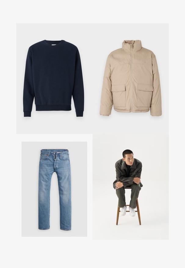 Beige gewatteerde jas met een hoge kraag, doorlopende rits en twee grote klepzakken. Soepele textuur en een licht oversized ontwerp.; Marineblauwe katoenen sweatshirt met ronde hals, lange mouwen en geribbelde manchetten en zoom. Gladde textuur, minimalistisch design, geen zichtbare logo's.; Lichtblauwe denim jeans met een recht gesneden ontwerp, vijf zakken en een knoopsluiting. Voorzien van subtiele vervaging en stikselaccenten.; Jonge man in een donkere leren jas en spijkerbroek zit op een houten kruk, leunt naar voren met gekruiste armen en kijkt naar de zijkant tegen een witte achtergrond.